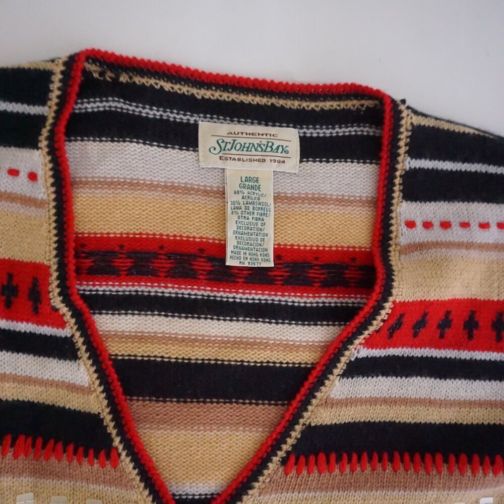St Johns Bay Tan Red Striped Knit Button Cardigan Classic Preppy Grandmacore L - Picture 4 of 12